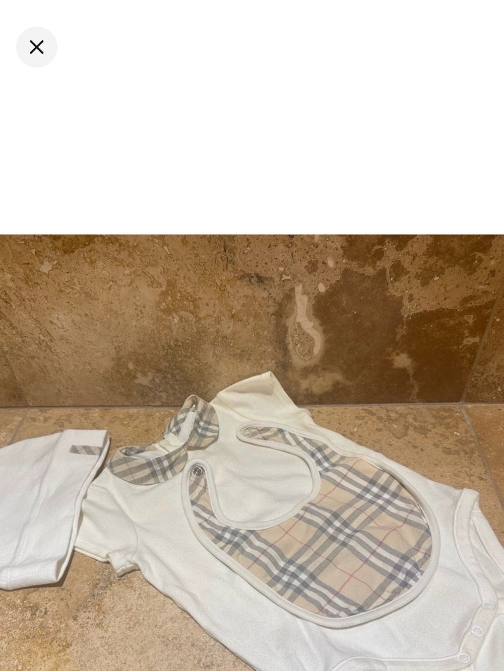 Burberry Cream Long-Sleeve Bodysuit with Beige Plaid Trim and Matching Bib